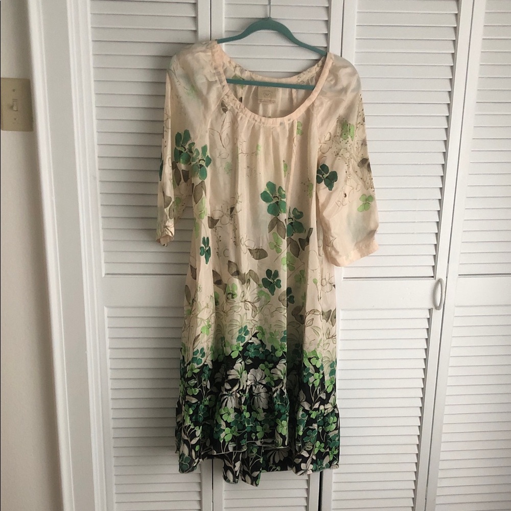 Anthropologie Cream Midi Dress with Green Floral Border